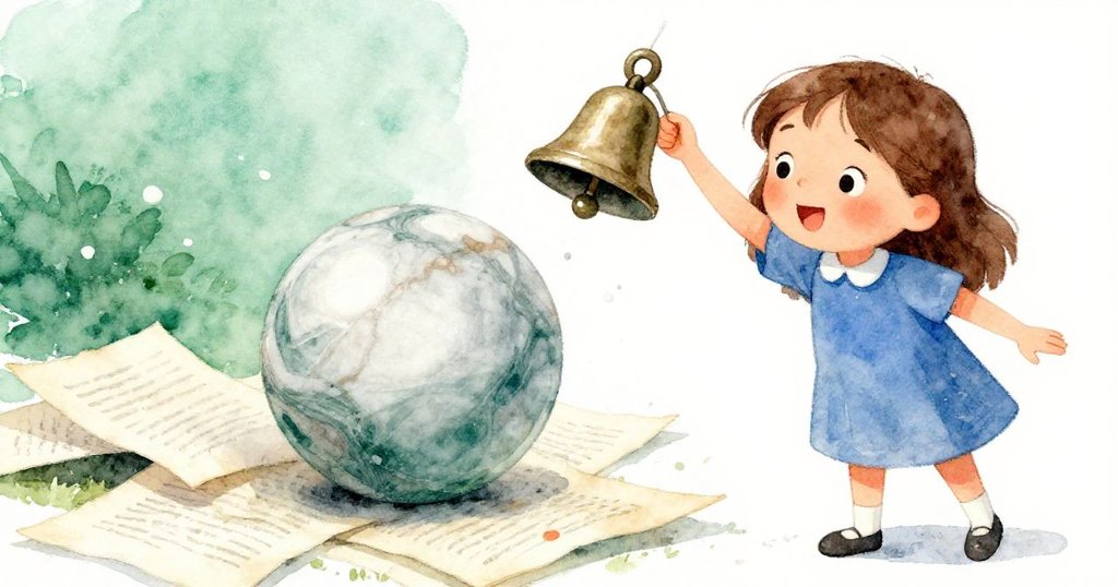 Tara驚訝地望著一顆自由彈跳的大理石從濕潤的舊紙堆中滾出並撞響小鈴，帶來意外驚喜。