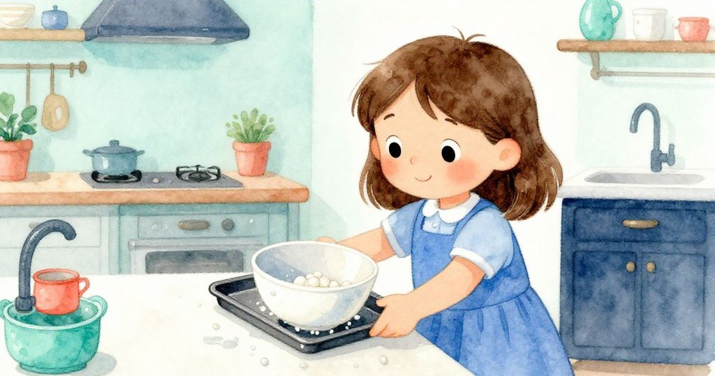 Tara穩重地將烤盤滑至漏水碗下，輕輕托起花盆並擦拭濕地，臉上展現出安定與滿足的微笑，廚房恢復平靜。