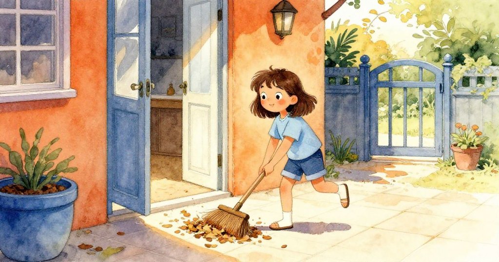 Uma手持掃帚經由開放的門口踏入溫暖露台，掃除飄落枯葉，展現期待完成清理的神情。