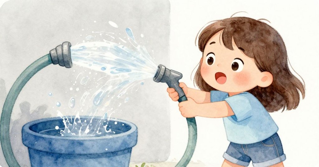 Uma驚訝地望著從花園水管噴出水弧，水花灑落藍色花盆上，表情充滿意外與好奇。