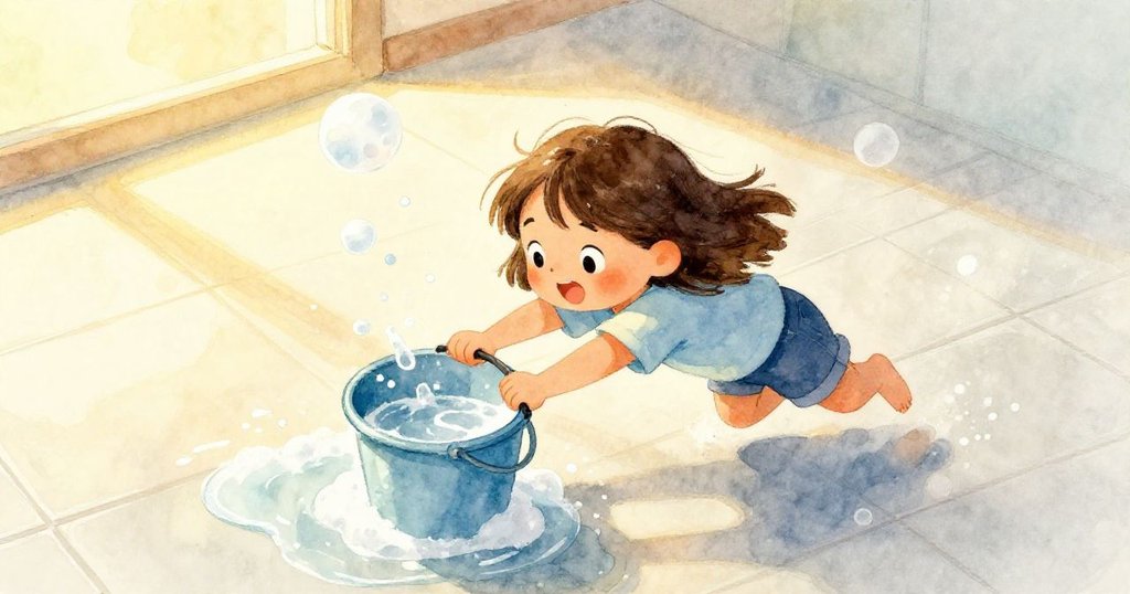 Uma不慎跌倒，急忙抓住傾倒的桶把，濕滑瓷磚上白色泡沫流動，神情混亂。