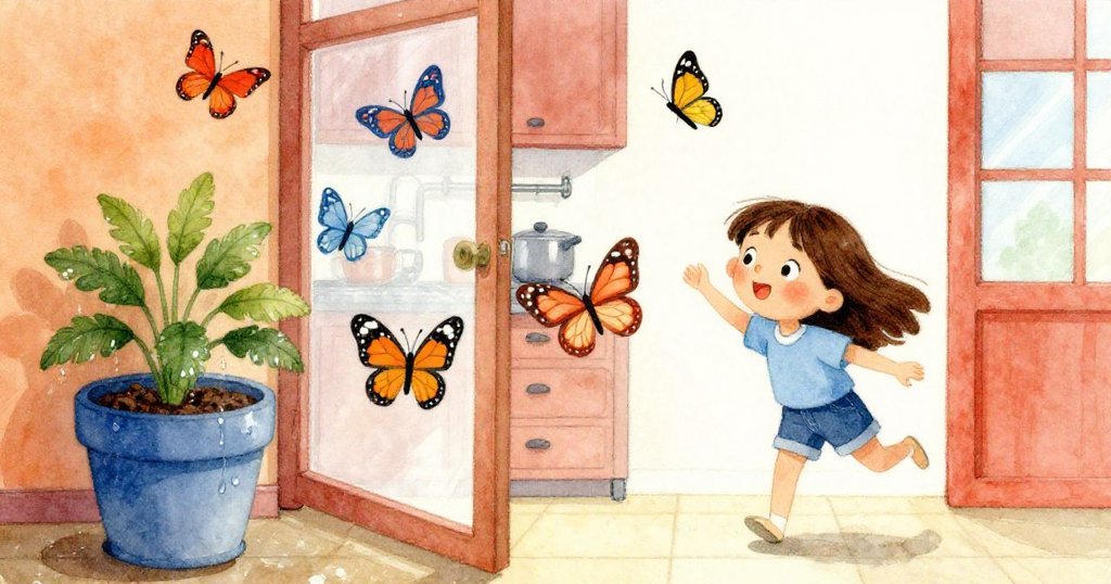 蝴蝶飛舞中掃過開放的廚房窗網，藍色花盆散落水珠，貓咪躍起捕捉，場景動感。