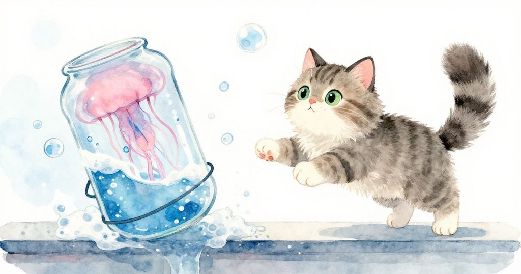 家貓從櫃檯跳躍而下，撞翻實驗瓶形狀水母掉入肥皂水桶中，泡泡四散滾動。