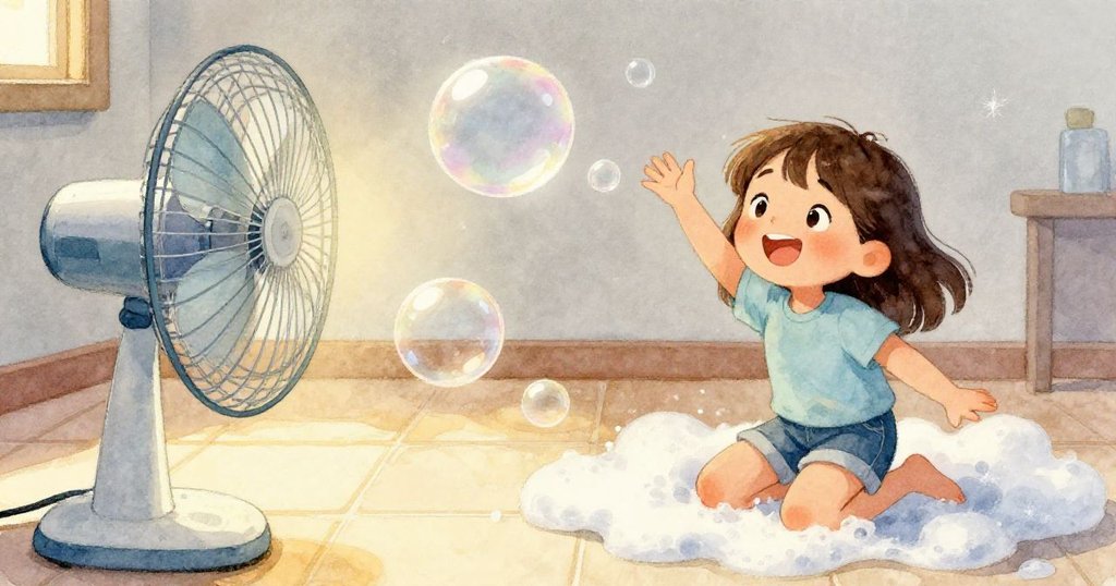 明亮泡泡緩緩飛向慢轉電風扇，Uma面帶釋然微笑，場景恢復平靜溫馨。