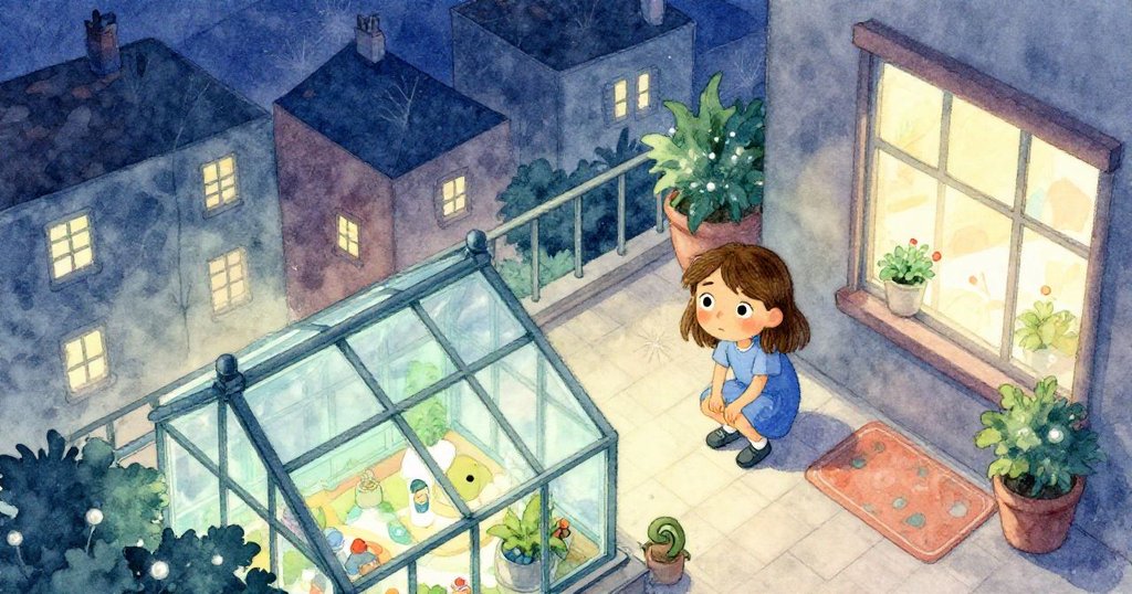 奧利弗坐在露台，背後是寧靜的街道與玻璃溫室，暖夕陽映出微妙光影，呈現期待與安靜的情緒。