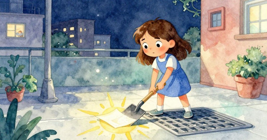 奧利弗低角度仰視，神情堅定地用書包中的問卷紙作為鏟子推動隱藏的音樂裝置，光影交錯營造動感場景。