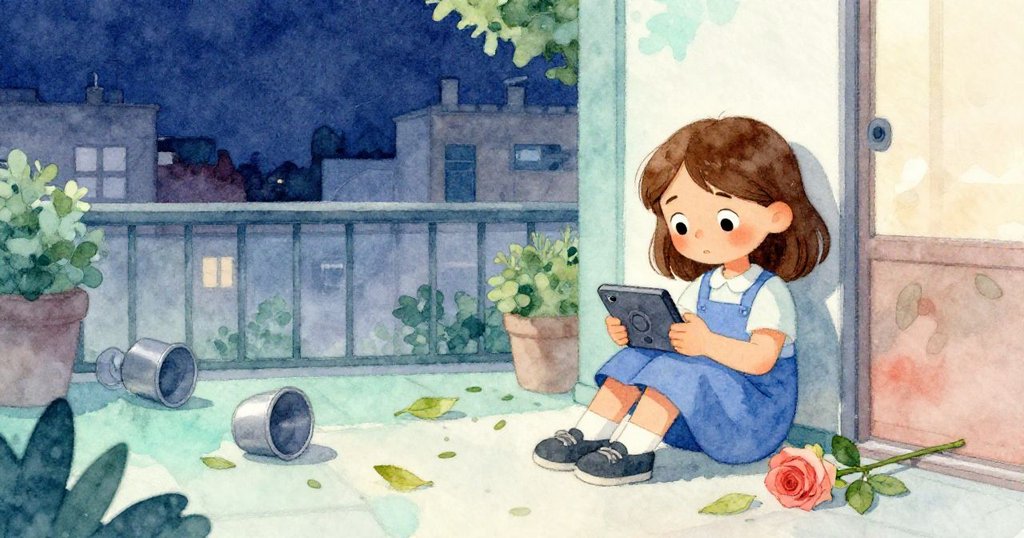 夕陽下奧利弗平靜地坐在露台，懷抱找回的音樂裝置，周圍散落落葉、傾斜瓷罐與低垂玫瑰，呈現寧靜結局。