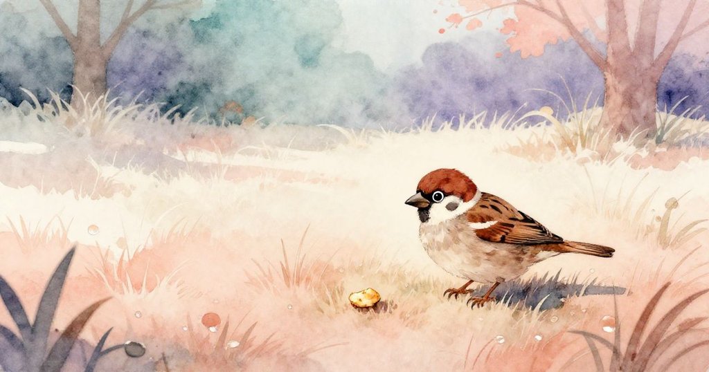 小麻雀在晨光中降落於公園草坪上，注目遠處金色脆餅，展現充滿期待與溫暖的早晨景象。