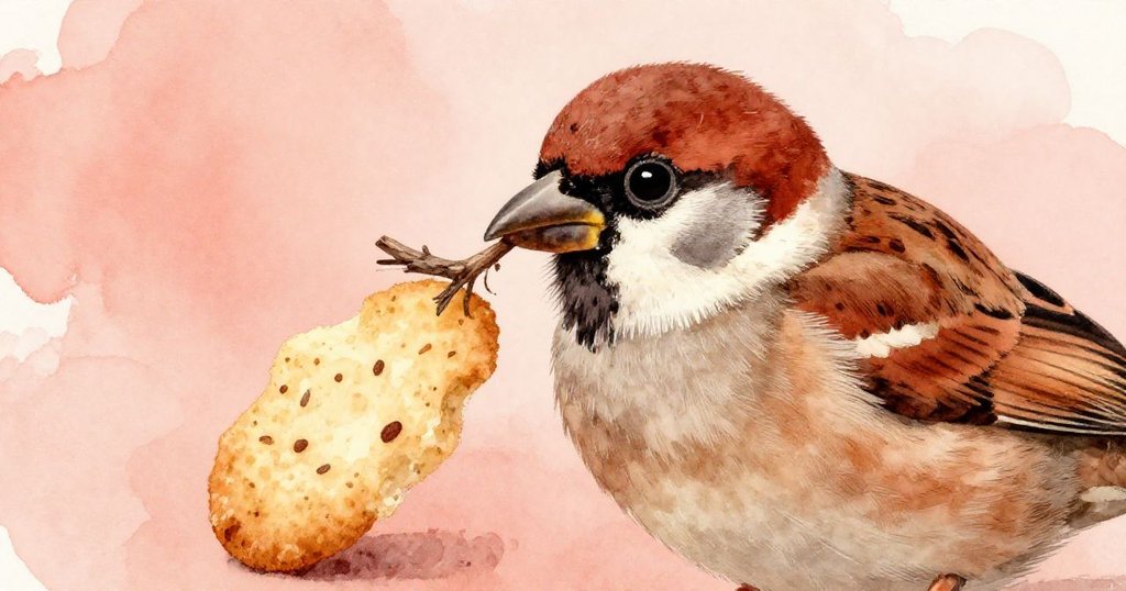 小麻雀用尖嘴輕扣小樹枝，靠近金色脆餅，展現出準備渡水的細膩動作，背景呈現溫柔色調。