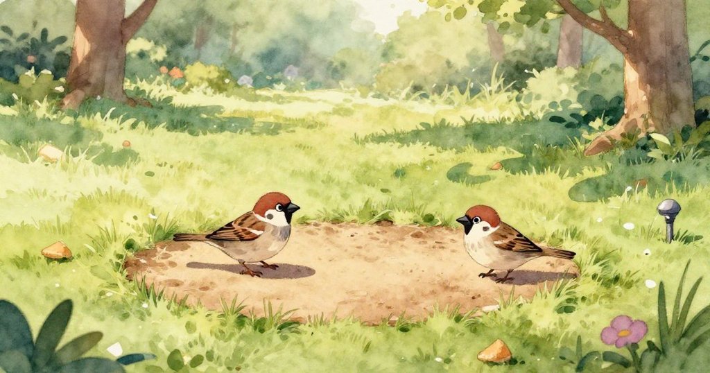 從麻雀視角看見噴水器噴出水滴，在晨光中草地上閃爍，脆餅靜置其間，充滿驚奇與期待。