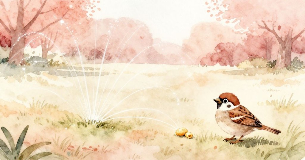 噴水在草坪上奏出有節奏的舞動，形成閃爍溪流引導脆餅，麻雀專注觀察自然演繹的奇妙過程。