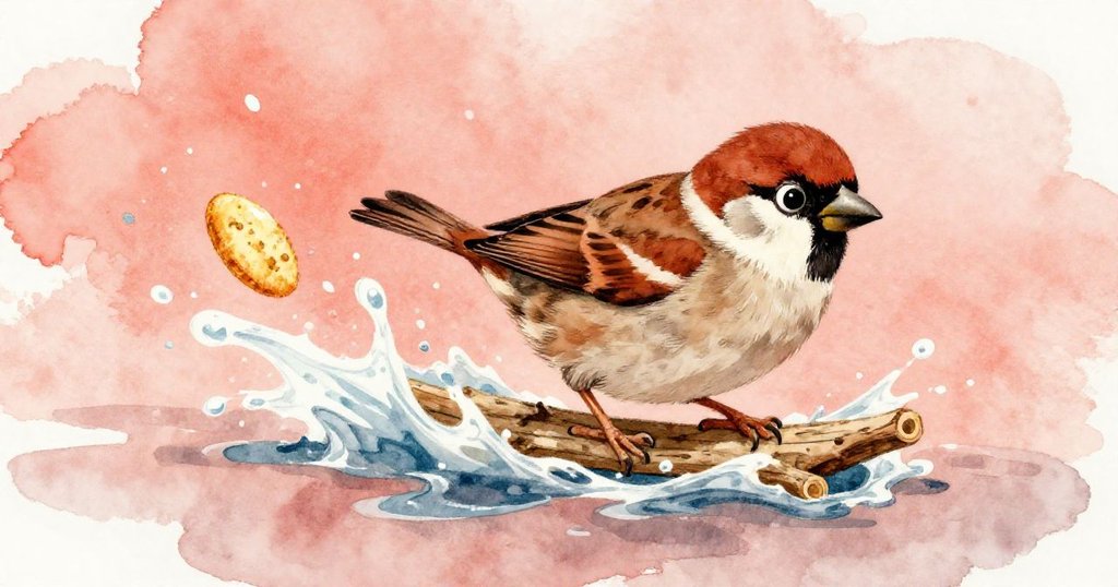 水流驟湍中，脆餅搭在樹枝上迅速滑動，麻雀展翅追逐，表情堅定展現緊張追逐瞬間。