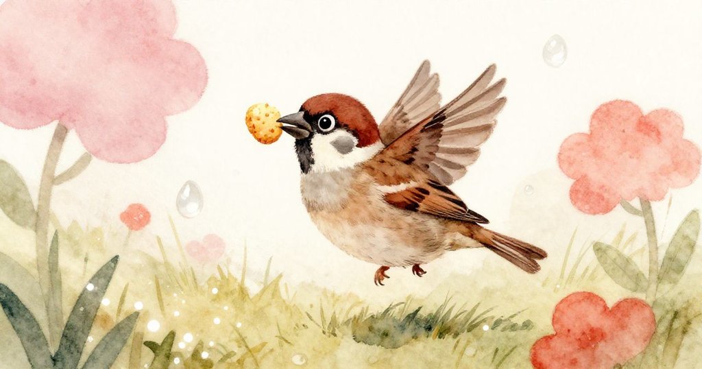 麻雀喜悅飛翔，嘴裡牢牢抓住金色脆餅，背景閃耀草地與柔和水霧，完美展現勝利結局。