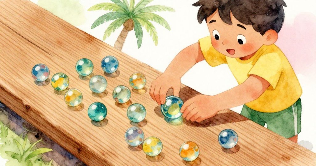 Sam專注地將二十個亮麗玻璃球排列在一塊帶有明顯木紋的木板上，細膩光影中展現精心準備的場景