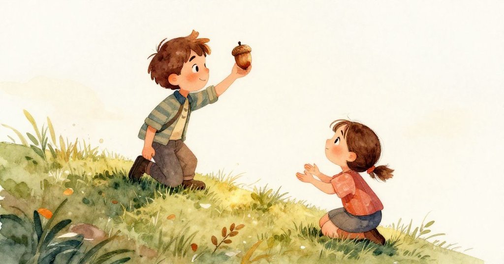 從一隻好奇松鼠的視角看，轉動的松果輕輕碰到玻璃球，開啟連鎖反應，背景草地模糊展現自然生動情境