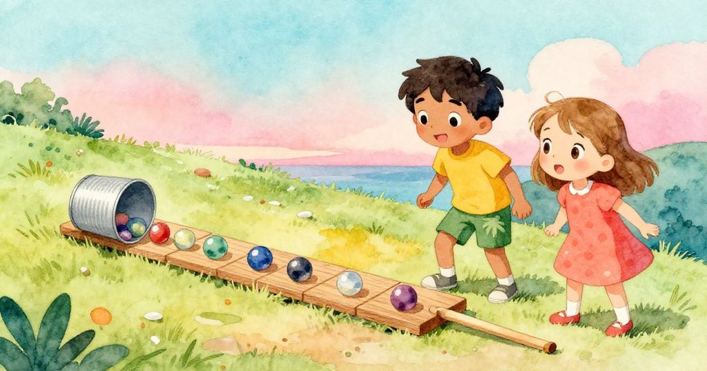 從高處俯瞰，整個連鎖反應過程清晰呈現：排列的玻璃球、傾斜的鐵杯與標記二十八的尺子，Sam和Nora在山坡上觀看