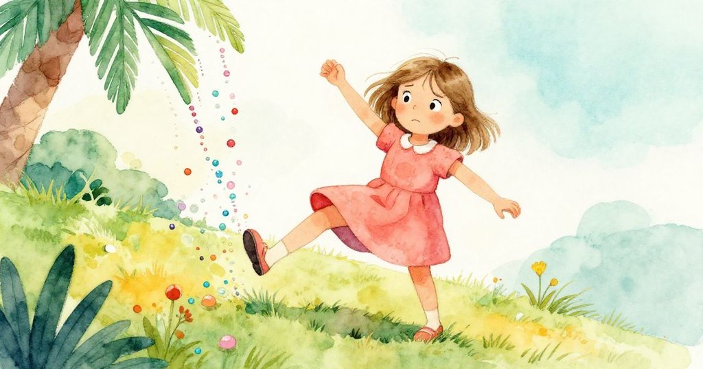 Nora果斷地側步，用鞋子阻止從傾倒鐵杯中灑落的珠子，她專注且迅速的動作在草坡上展現出決心