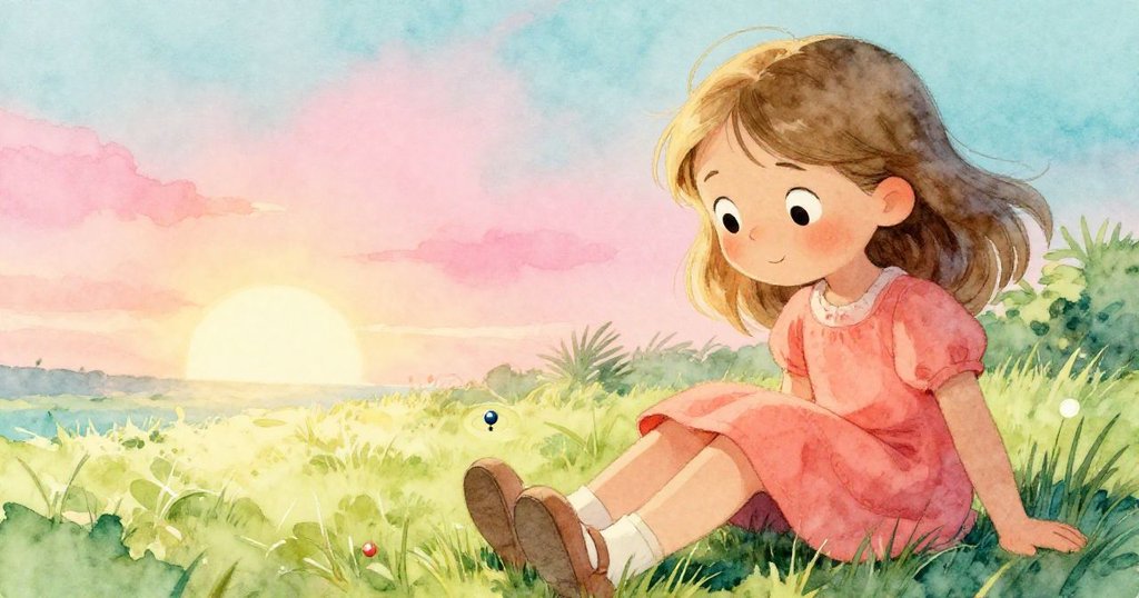 在柔和午後陽光下，Nora安坐在草地上，微笑著看著一顆孤單旋轉的珠子，流露出平靜滿足的情緒結束冒險