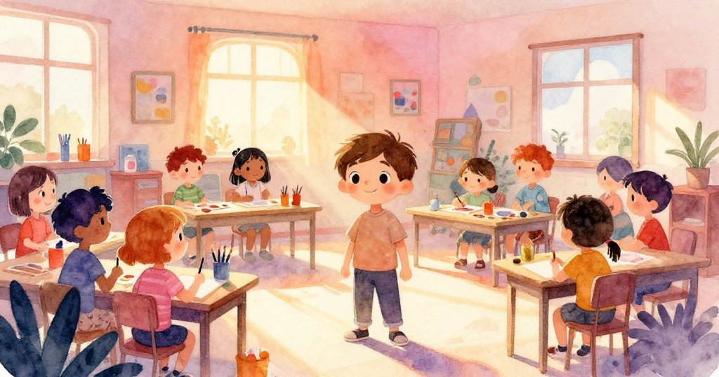 奧斯卡在充滿畫材和孩子的美術教室中探索,充滿好奇與期待,活力四射。