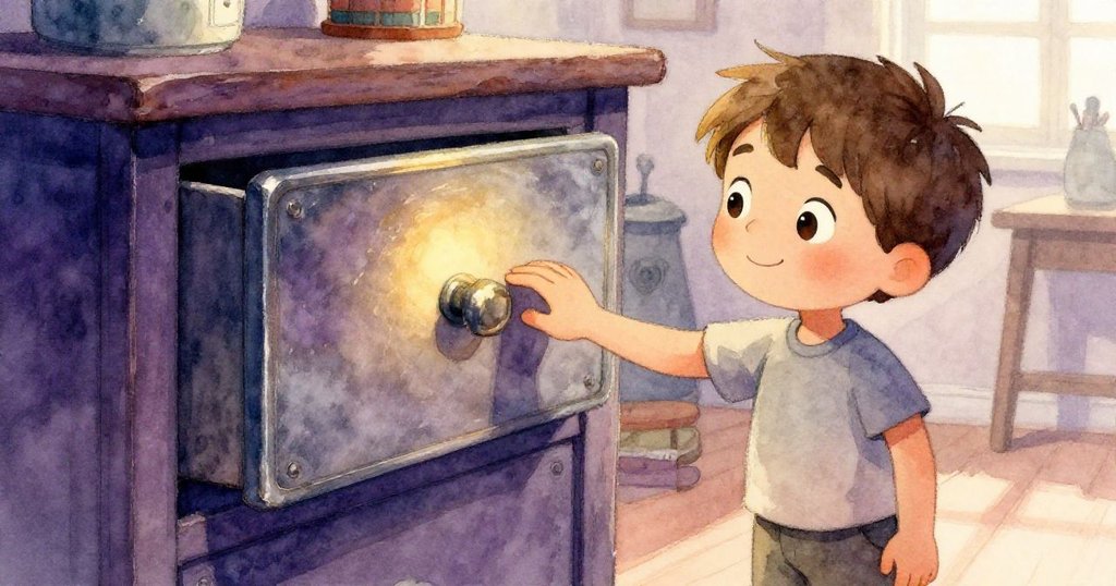 奧斯卡仔細觸摸金屬抽屜的細緻紋理,感受到暖暖的觸感,面露驚訝。