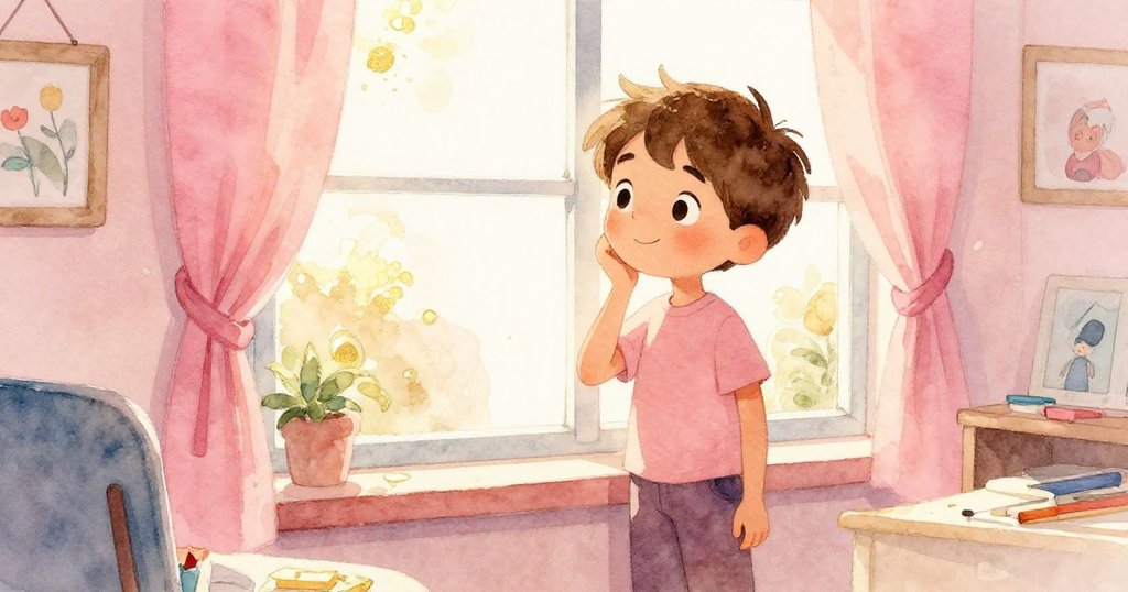 奧斯卡站在窗邊,柔和午後光線灑入教室,眼神專注看外面景致,心情平靜。