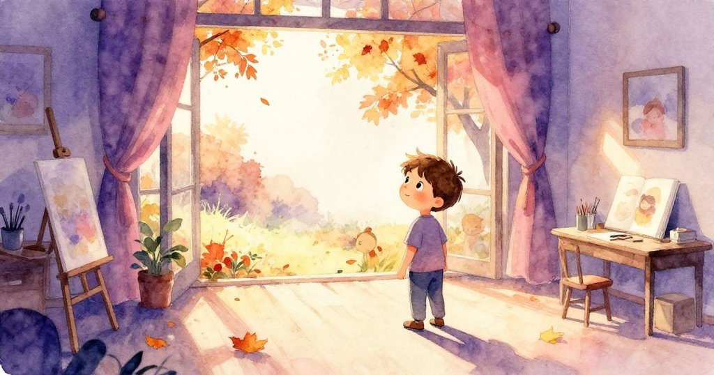 美術教室窗外秋葉飄落,奧斯卡與同學們透過門見到季節變換,充滿歡樂感。