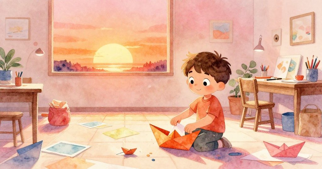 夕陽餘暉映照教室,色彩紙片散落成地毯,奧斯卡專心摺紙舟,滿含溫馨。