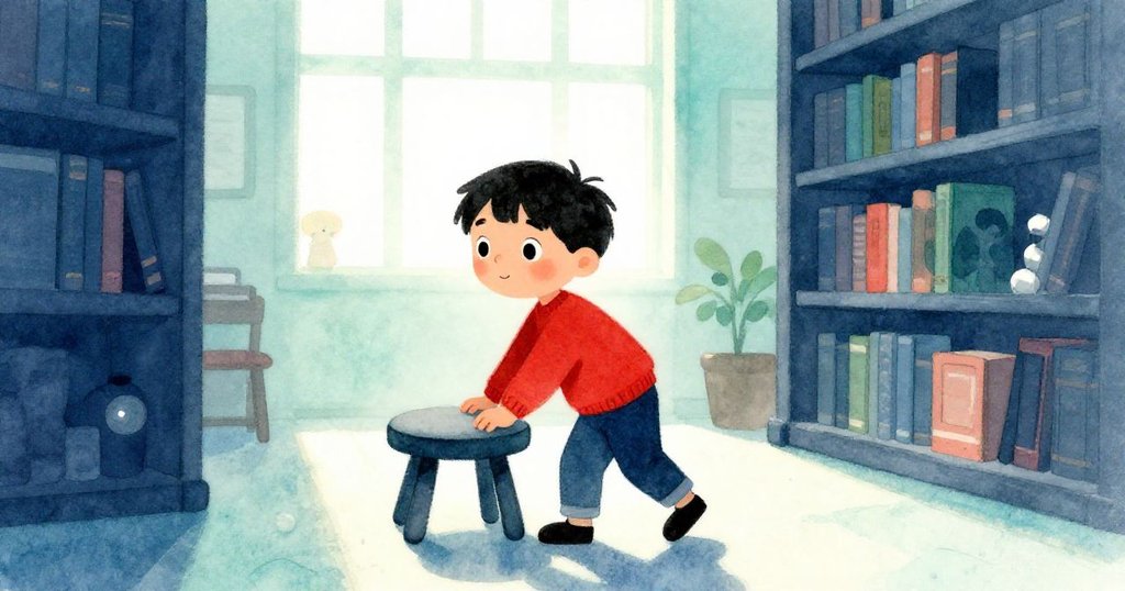 瑞德在明亮的圖書館角落推著圓凳，陽光灑進來映出他堅定好奇的神情，背景中擺滿高書架。