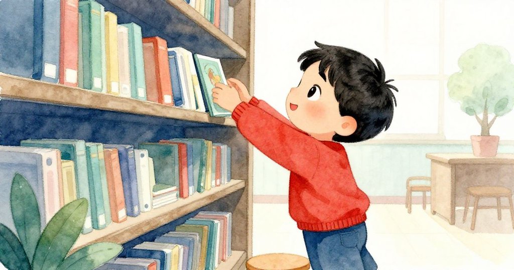 瑞德伸手試圖拿取高層架上的圖畫書，他表情充滿憧憬與努力，室內柔光映襯出夢想與挑戰。