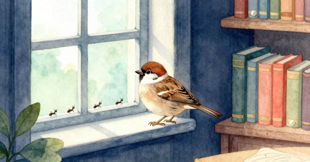 窗邊一隻好奇的小麻雀靜靜棲息，注視著螞蟻沿著窗台移動，室內與自然巧妙融合形成隱秘空間。