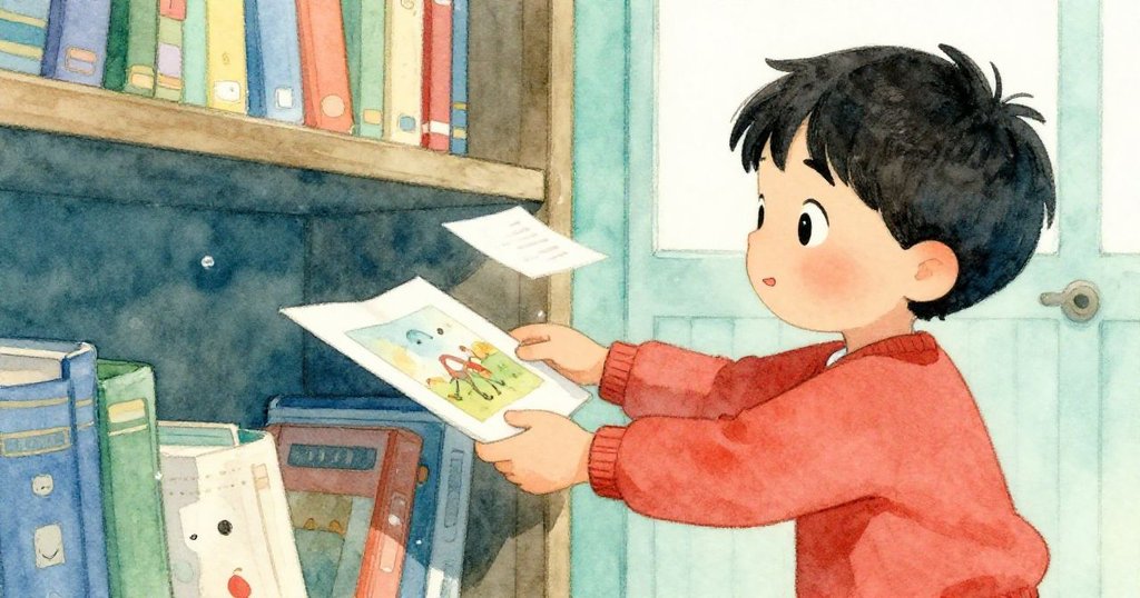 瑞德將圖畫書放回較低的書架上，一張紙輕輕滑向門口，平靜中展現了早晨小冒險的溫柔收尾。