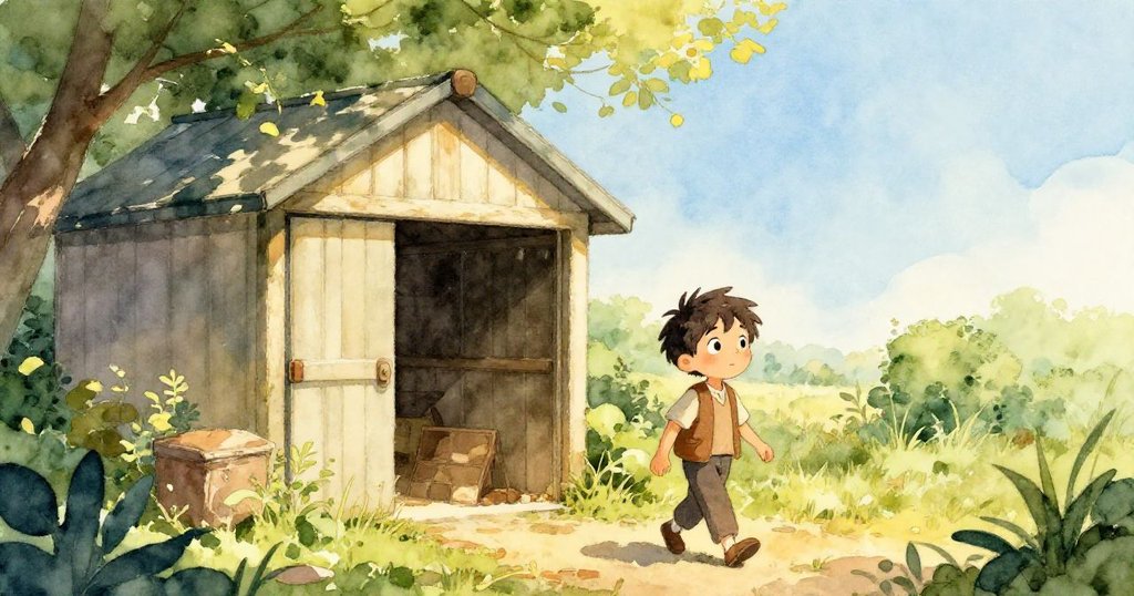 晨光柔和灑落在小穀倉上，Wren滿懷好奇走向倉庫，神情期待且充滿希望。