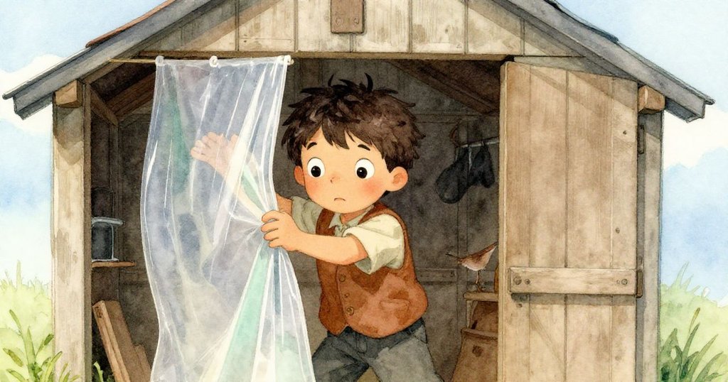 Wren用雙手推向剛硬的塑料布，專注神情映襯出布面光影細節，室內空間帶點涼意。