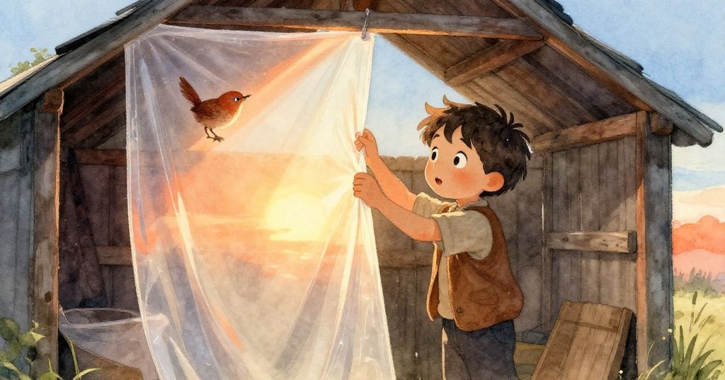 Wren輕敲塑料布邊緣，夕陽橙光穿透照亮彈性彎曲瞬間，神情驚喜與好奇。