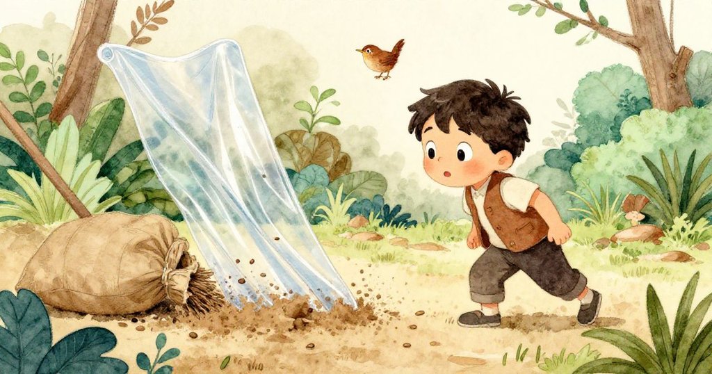 Wren驚喜注視塑料布中央彈起形成灰塵小台，穀袋滾動撞擊掃把，穀粒散落透露秘密空間。