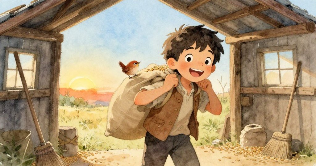 Wren滿臉笑容輕提穀袋，旁邊掃把靜臥，穀粒散落映出場景溫暖與成功喜悅。