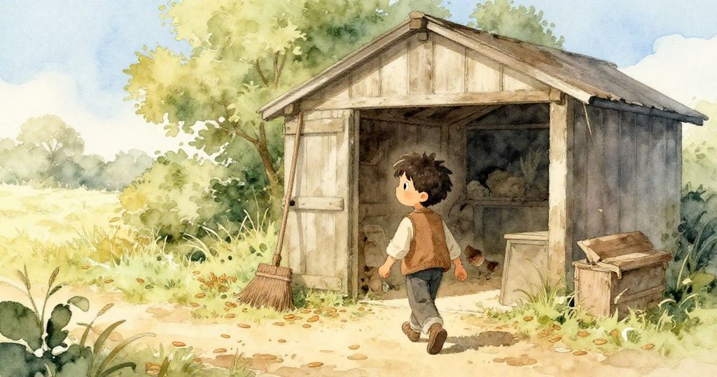 Wren離開穀倉，柔和晨光灑在散落穀粒與掃把上，帶著滿足神情走向寧靜晨景。