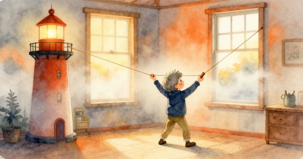 Grey在燈塔房間內拉伸橡皮筋於木柱上，窗外海霧彌漫，他神情專注且充滿期待，畫面溫暖柔和