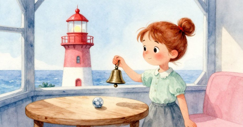 Tess手持小鈴鐺注目桌上孤零零的彈珠，窗外海光灑落，她期待聽到清脆鈴響，畫面溫柔