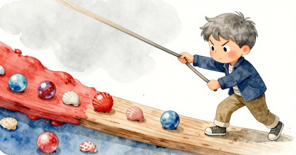 Grey果斷彈射橡皮筋，彈珠迅速飛向擺放著彈性海螺的木板，畫面分割呈現緊張與活力並存的瞬間