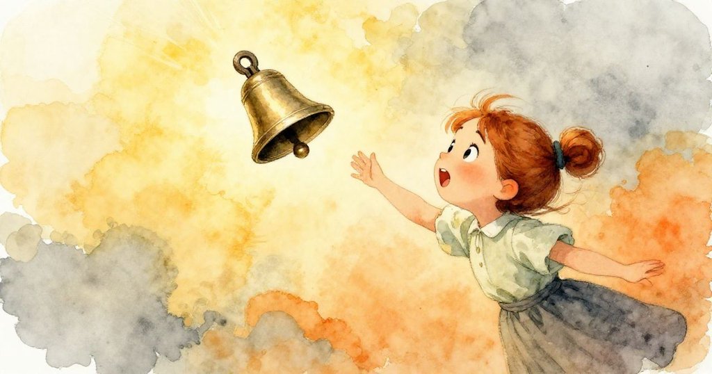 Tess驚喜地看著鈴鐺隨上升木板飛舞並發出清脆鈴響，背景中散落紙張與溫暖光線營造出快樂氛圍