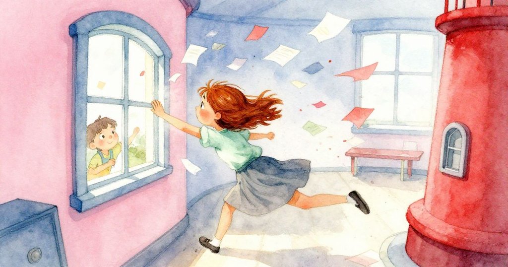 Tess迅速撲向窗邊，阻擋隨海風飛舞的文件，她全神貫注與堅定，動感畫面展現緊迫氣氛