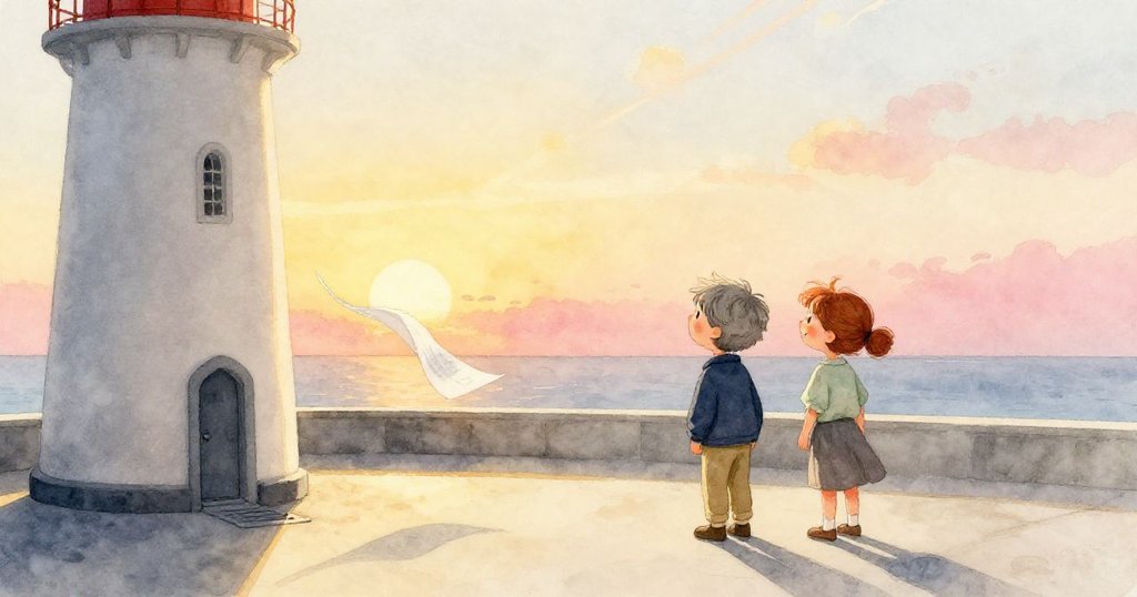 Grey與Tess望向地板通風口附近飄動的一頁紙，夕陽金光灑落房間，他們臉上流露著滿足與期待，展現探索未來之情