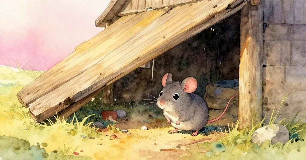 Tiv小老鼠從歪斜的木板下走出，黃光照射進塵封的穀倉中，充滿好奇與期待。