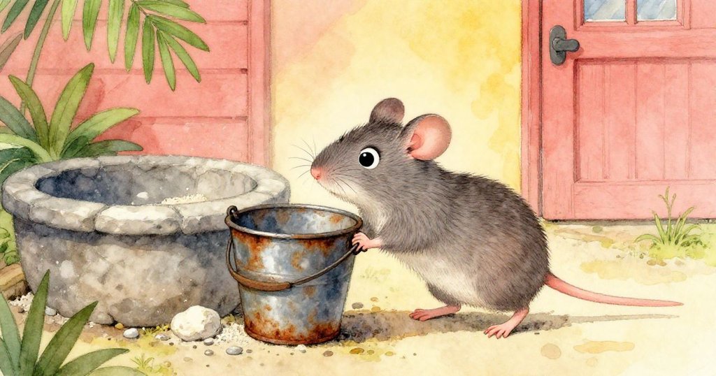 Tiv小老鼠努力推動生鏽的水桶，旁邊有石盆及粉塵瀰漫的牆面，表情堅定。