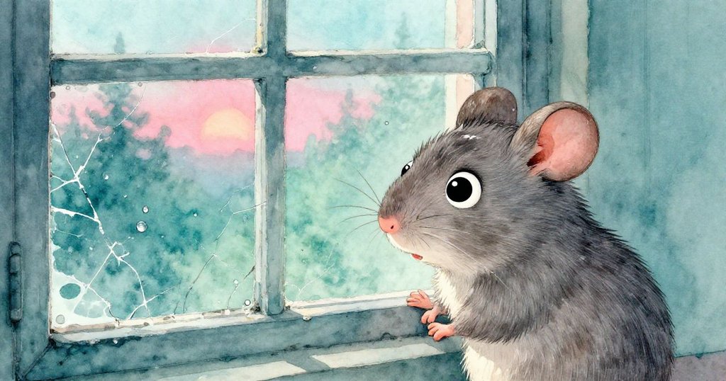 Tiv小老鼠靠近塵埃覆蓋的窗戶，閉眼感受滴水痕跡，神情專注而沉靜。