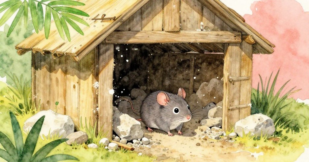 Tiv小老鼠進入穀倉深處新空間，鬆動木板和石灰粉塵營造神秘探索氛圍，表情專注。