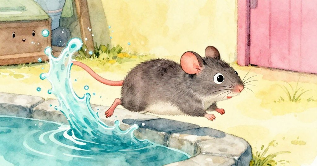 Tiv小老鼠在石盆邊快速移動，水花四濺中依靠長鬚探索新路，動感十足。