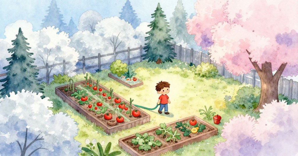 Sam在清晨的後院中持綠色水管穿過露珠閃爍的草地澆灌番茄床,畫面明亮自然展現開始的希望與生機。