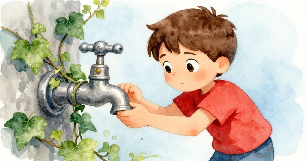 Sam凝視著纏繞常春藤的金屬水龍頭,神情堅定,面部特寫呈現出挑戰與決心的情感。